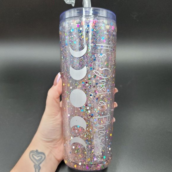 Snow Globe Tumbler 18 Oz Astronomy Outer Space Planets Moon Phase Stars Cold Cup - Picture 1 of 6